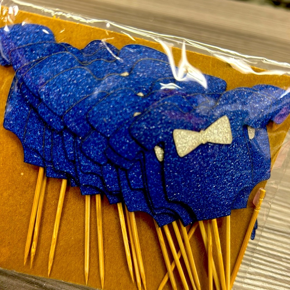 Oh Boy, blue glitter Cupcake toppers all new blue onesie with silver bow tie